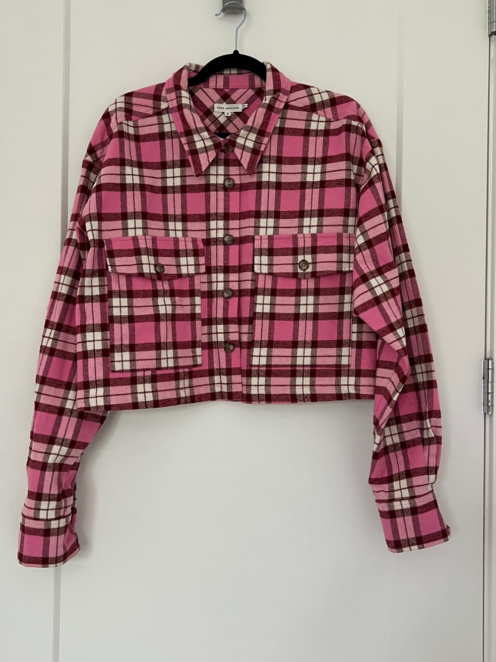 Good American Pink Plaid Cropped Button-Up Shirt Jacket